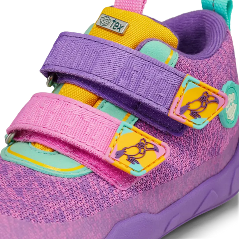 Colorful purple, yellow, and turquoise AFFENZAHN TEX Knöchelschuh HAPPY TUKAN shoe for kids with a playful tukan design