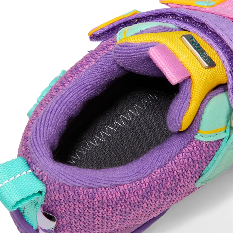 Colorful purple, yellow, and turquoise AFFENZAHN TEX Knöchelschuh HAPPY TUKAN hiking shoe with a playful toucan design for kids