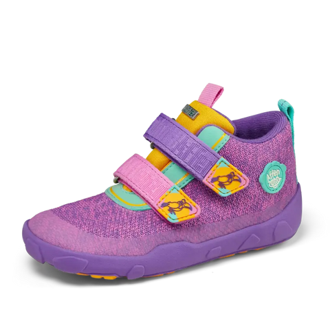 Colorful purple, yellow, and turquoise AFFENZAHN TEX Knöchelschuh HAPPY TUKAN shoe for kids