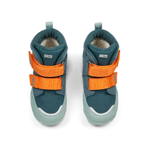 Vibrant petrol, mint, and orange vegan boots with cute hare design