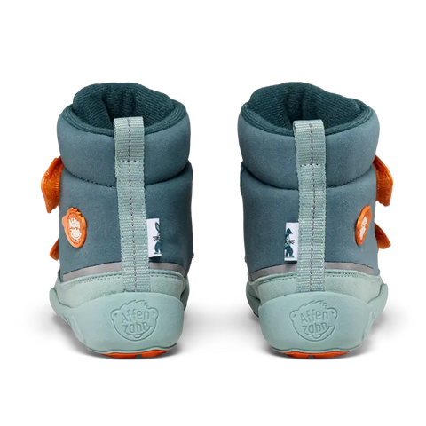 Adorable AFFENZAHN TEX Stiefel COMFY VEGAN Hase in petrol, mint, and orange colors, perfect for a cute and stylish look for kids