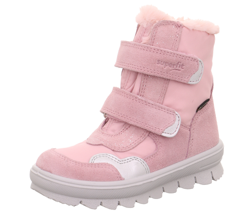 Seitenansicht des SUPERFIT Schuhe Modell Flavia 229-550 in Rosa mit Glitzer, Klettverschluss und weißer Sohle.
