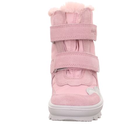 Rückansicht des pinken SUPERFIT Stiefels FLAVIA 229-550 mit Klettverschluss, Glitzer und flauschiger Fellkante.