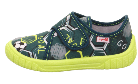 Schuhe: SUPERFIT BILL 279-706, grün-neon mit Fußball-Print und leuchtend gelber Sohle.