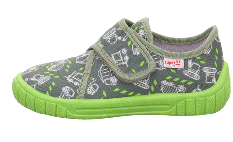 Schuh: SUPERFIT Hausschuh BILL, khaki/neongrün, grauer Oberstoff mit Baufahrzeug-Muster, grüne Sohle.