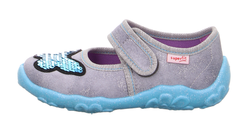 Comfortable SUPERFIT Hausschuh BONNY 280-20 in grey and turquoise with a cute butterfly design