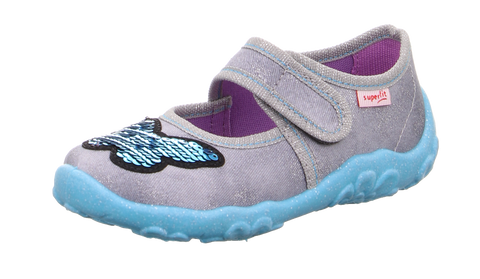 Alt text: Comfortable SUPERFIT Hausschuh BONNY in grey and turquoise with a charming butterfly design, perfect for indoor wear