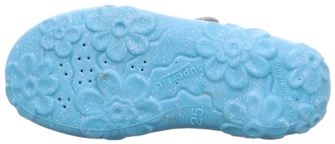 Comfortable and stylish SUPERFIT Hausschuh BONNY with grey and turquoise design featuring a beautiful butterfly pattern