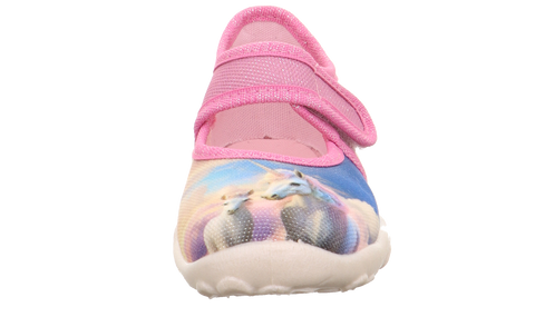 Schuhe: Vorderansicht eines pinken SUPERFIT Hausschuh BONNY mit Klettverschluss und Einhorn-Muster.
