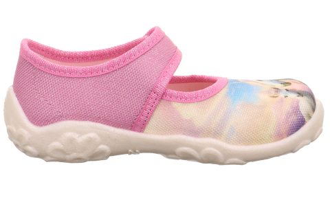 Seitenansicht des SUPERFIT Hausschuh BONNY 281-556, rosa Glitzer-Textil, pastellfarbenes Muster, weiße Sohle.