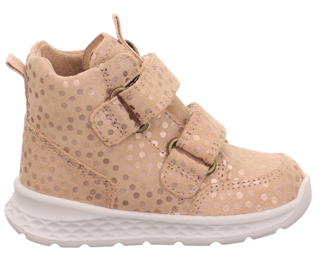 Detailaufnahme eines SUPERFIT Knöchelschuh BREEZE 367-400 in beige mit Tupfenmuster; seitliche Ösen, weiße Sohle.