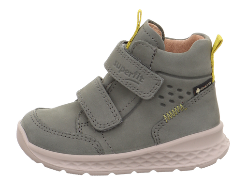 Seitenansicht des SUPERFIT Gore-Tex Knöchelschuh Breeze 367-704 in Oliv mit Klettverschluss und gelben Zuglaschen.