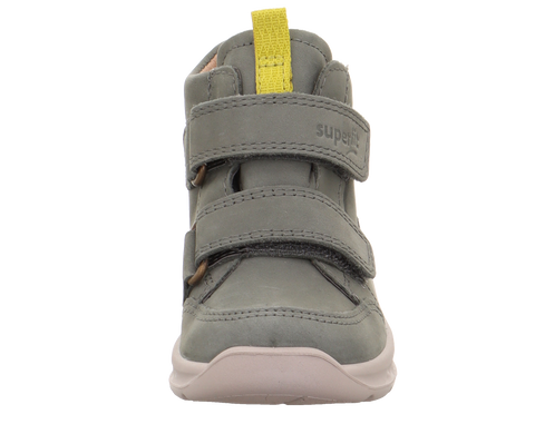 Vorderansicht: SUPERFIT Knöchelschuh Breeze 367-704 in Oliv, graues Obermaterial, gelbe Zuglasche.