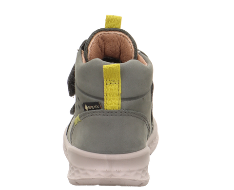 Rückansicht des SUPERFIT GORE-TEX Knöchelschuh Breeze 367-704 in Oliv; gelbe Zuglasche, graues Obermaterial