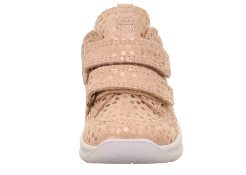 Vorderansicht des SUPERFIT Halbschuh Breeze 369-401 beige/Glitzer; Klettverschluss, gepunktete Textur, weiße Sohle.
