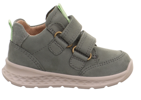 Seitenansicht des SUPERFIT GORE-TEX Halbschuh Breeze 369-705 in Oliv; graues Obermaterial, 2 Klettverschlüsse, beigefarbene Sohle.