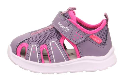 Close-up image of SUPERFIT Halbsandale WAVE 478-851 in flieder and pink colors, featuring adjustable straps and a comfortable footbed design for kids