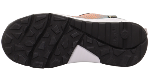 Unteransicht eines SUPERFIT GORE-TEX Halbschuh FREE RIDE 569-751 graugrün/orange, schwarze Profilsohle.