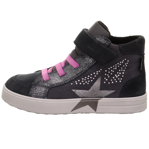 Alt text: Stylish and durable SUPERFIT SYMPA-TEX Knöchelschuh STELLA 811/20 in dark grey and pink with edgy stud details