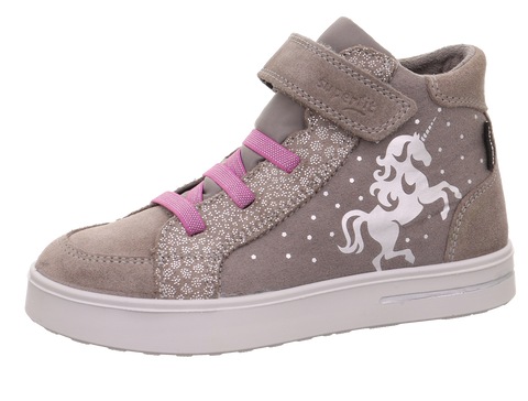 Seitenansicht des SUPERFIT Sneaker STELLA 811-250 in beige mit rosa Klettverschlüssen und Einhorn-Print.