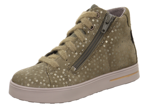 Vorderansicht des SUPERFIT Knöchelschuh Stella 812-701 in Oliv mit Glitzerpunkten, Schnürung und Reißverschluss