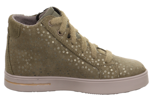Seitenansicht: SUPERFIT Stella Oliv-Glitzer-Knöchelschuh mit beigefarbener Sohle.
