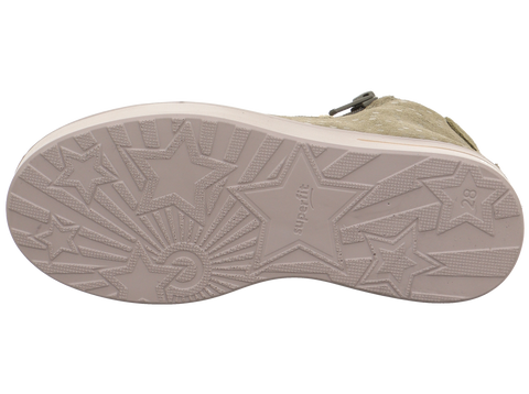 Unteransicht des SUPERFIT Knöchelschuh Stella 812-701, Oliv mit Glitzer; rosa Sohle mit Muster.