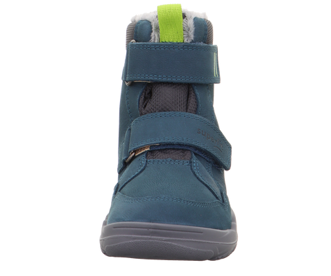 SUPERFIT WALDERI Stiefel 913-80 petrol, Vorderansicht; blaues Obermaterial, Klettverschluss, neongrüne Zuglasche