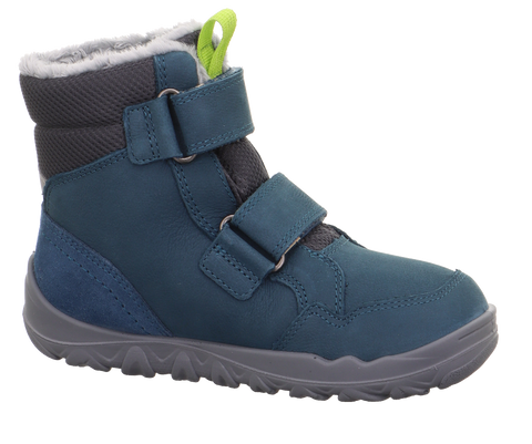 SUPERFIT Stiefel WALDERI 913-80 petrol, blaues Obermaterial, Klettverschluss, graue Sohle, neongrüne Zuglasche.