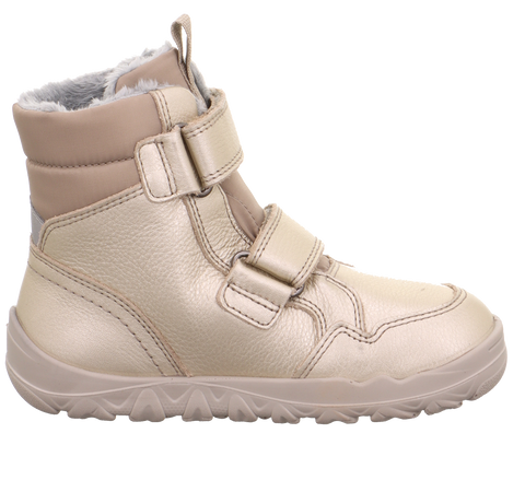 Seitenansicht des SUPERFIT Stiefel WALDERI 913-970 in Beige; Klettverschluss und Fellfutter sichtbar.