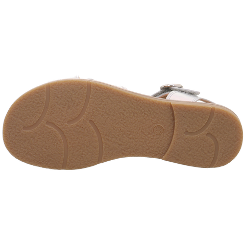 SUPERFIT FLAIR 1000-95 Sandalen, silber – Bodenansicht mit beigefarbener Gummi-Sohle und Profil, Modell FLAIR 1000-95.
