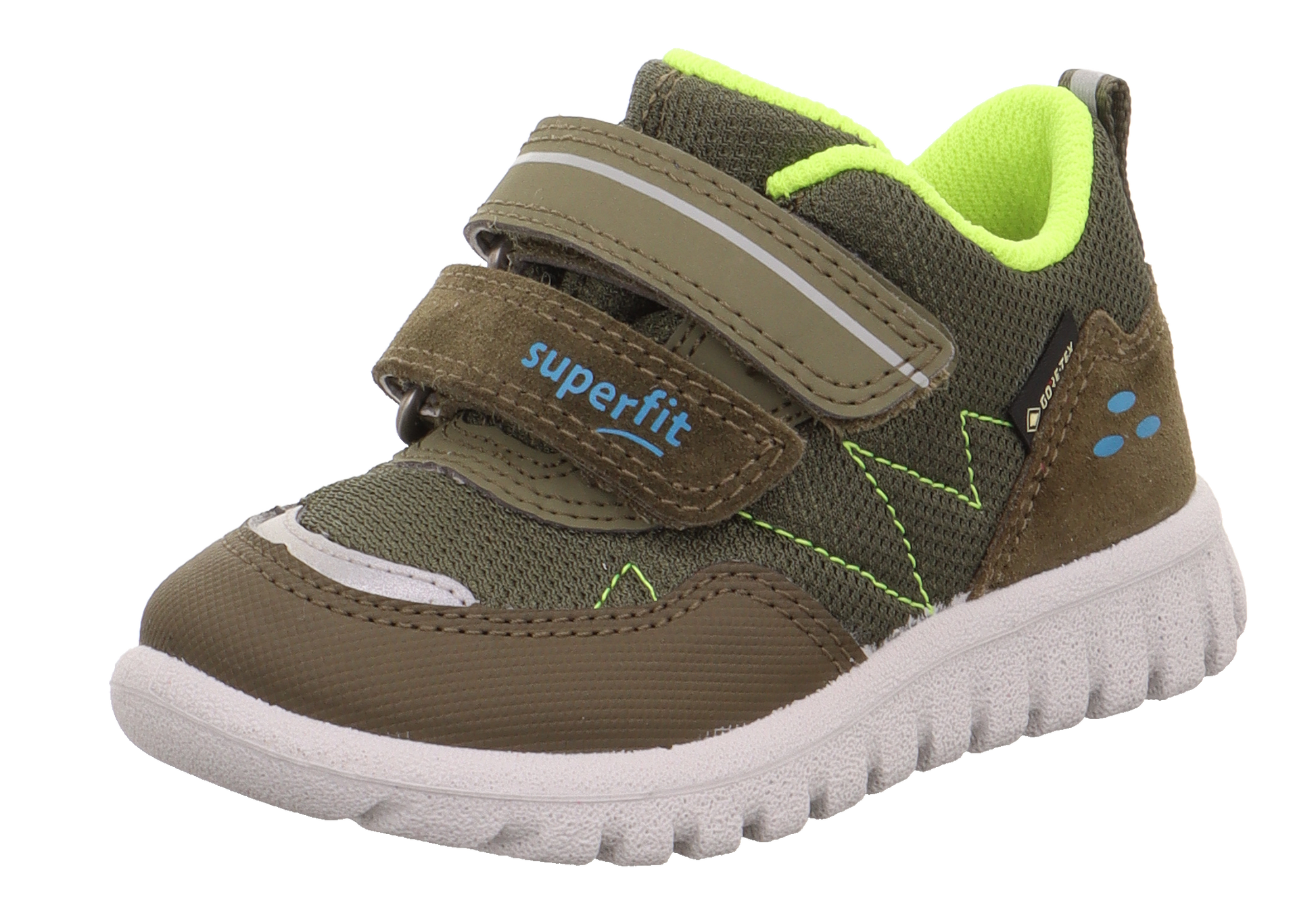 Superfit Gore-Tex Halbschuh Sport7 Mini 6182-700 in olive and neon yellow, a durable and waterproof athletic shoe perfect for outdoor activities