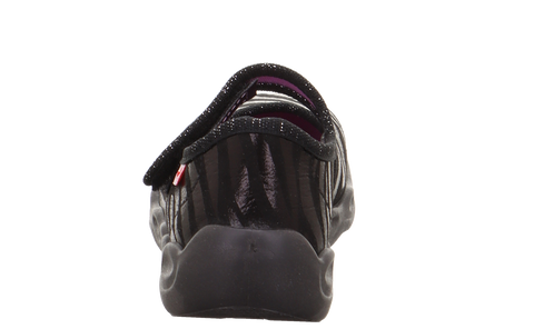 Rückansicht des SUPERFIT Hausschuhs Bubble 6271-005 mit Zebra-Muster; violetter Innenrand sichtbar.