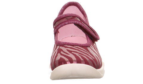 Vorderansicht eines pinken SUPERFIT Hausschuhs Bubble 6271-501 mit Zebramuster und Klettverschluss.