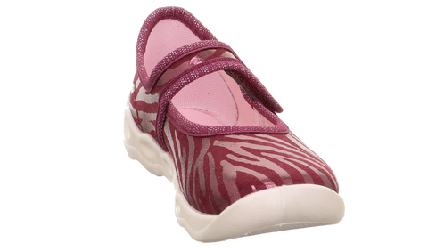 Seitenansicht eines pinken SUPERFIT Hausschuhs Bubble 6271-501 mit Zebramuster, zwei Klettverschlüssen, weiße Sohle