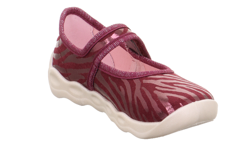 Seitenansicht SUPERFIT Hausschuh BUBBLE 6271-501 Bordeaux Zebramuster, rosa Akzente, Klettverschluss; weiße Sohle.