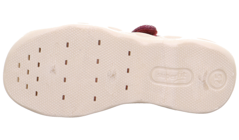 Unteransicht des SUPERFIT Hausschuh Bubble 6271-501; Bordeaux-Zebramuster, beige Sohle sichtbar.
