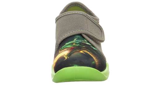 Vorderansicht des SUPERFIT Hausschuhs BUBBLE 6274-701 in khaki/neongrün mit Drachenmotiv, Klettverschluss und grüner Sohle.