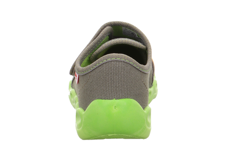 Rückansicht des SUPERFIT Hausschuh Bubble 6274-701, khaki Obermaterial, neongrüne Sohle