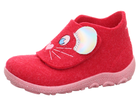 A close-up image of the SUPERFIT Hausschuh HAPPY 6295/551 in a vibrant himbeer and Maus colorway, showcasing the cozy and comfortable design perfect for indoor wear