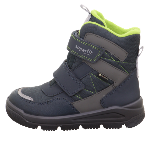 Seitenansicht des SUPERFIT Schuhe Modell MARS 9072-802, dunkelblauer Schuh mit neongrünen Akzenten und Klettverschluss