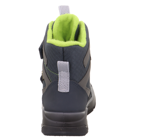 Rückansicht der SUPERFIT Gore-Tex Stiefel Mars 9072-802; dunkelblau, neongrüne Innenpolsterung, profilierte Sohle.