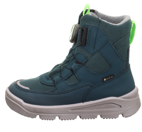 Seitenansicht des SUPERFIT BOA GORE-TEX Stiefels MARS 9081-701 in petrol/neongrün, mit BOA-Verschluss.