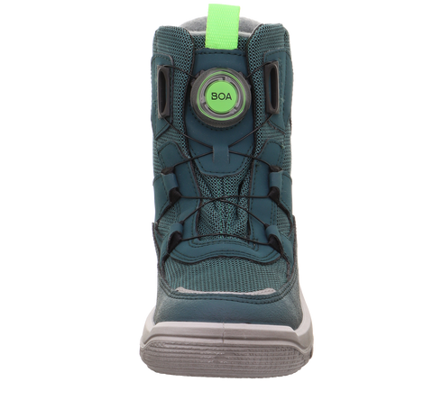 Vorderansicht der SUPERFIT Stiefel Mars 9081-701 in petrol/neongrün, mit BOA-Verschluss und neon Zuglasche.