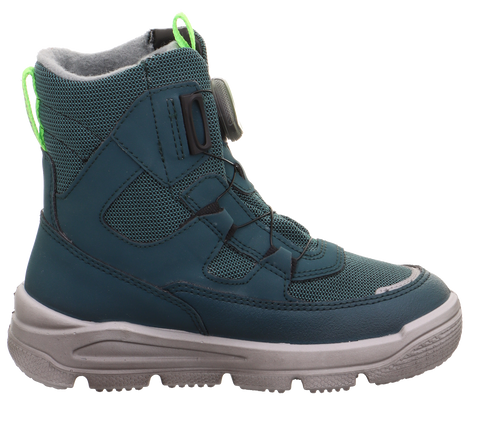 Seitenansicht des SUPERFIT Stiefel Modell MARS 9081-701 in petrol/neongrün, Mesh-Obermaterial, BOA-Verschluss