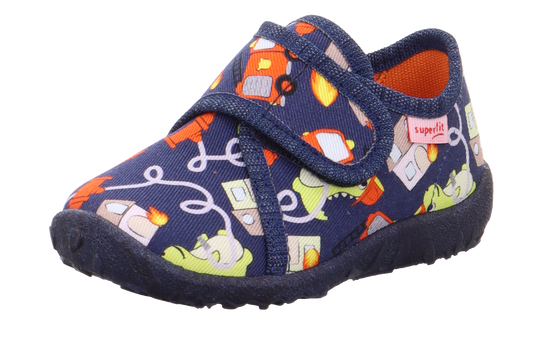 Alt text: Navy blue SUPERFIT Hausschuh SPOTTY 9246-807 featuring a fun fire truck design on the upper, perfect for little boys' indoor footwear