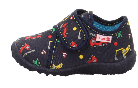 Hausschuh von SUPERFIT SPOTTY 9246-813, dunkelblau mit Baufahrzeug-Muster, Klettverschluss, gelbe Ziernähte