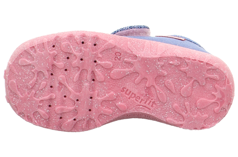 Unteransicht des SUPERFIT Hausschuh SPOTTY 9254-844, rosa Sohle mit Muster, Logo sichtbar, Größe 20