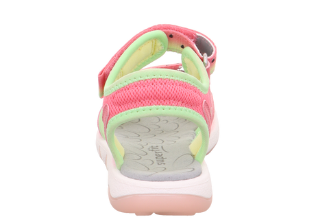 Sandalen SUPERFIT PEBBLES 9540-552, Rückseite: pinkes Mesh-Obermaterial, neongrüne Akzente, Klettverschluss, weiße Sohle.