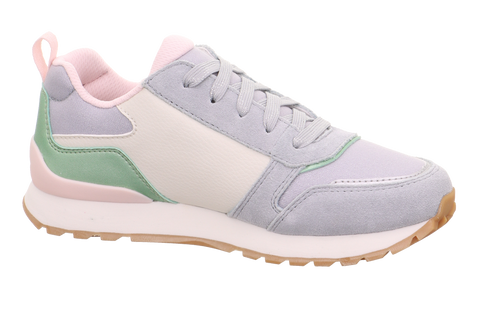 Seitenansicht des SUPERFIT DASH 9562-100 Halbschuh; hellblaues Obermaterial, rosa Innenfutter, mintgrüne Fersenpartie.